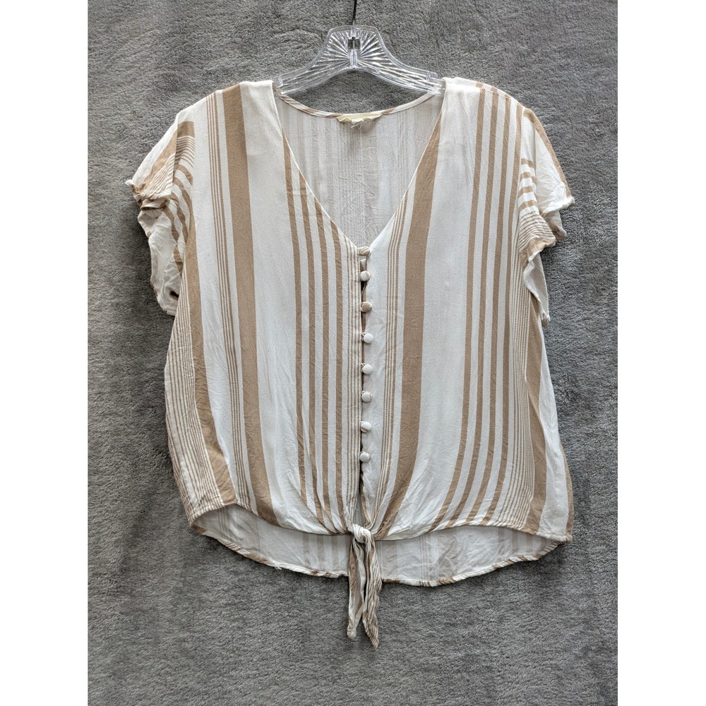 Boho Striped Button Front Tie Hem Top Womens XL Tan White Rayon Short Sleeve